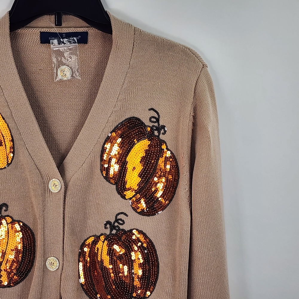 Simply Southern Cardigan Women's XL- Tan Orange Sequins Pumpkins Fall Autumn - Picture 2 of 10